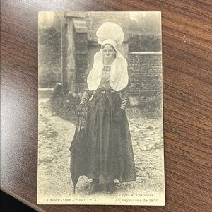Vintage Black & White Postcard - Woman in Traditional Costume from Normandie
